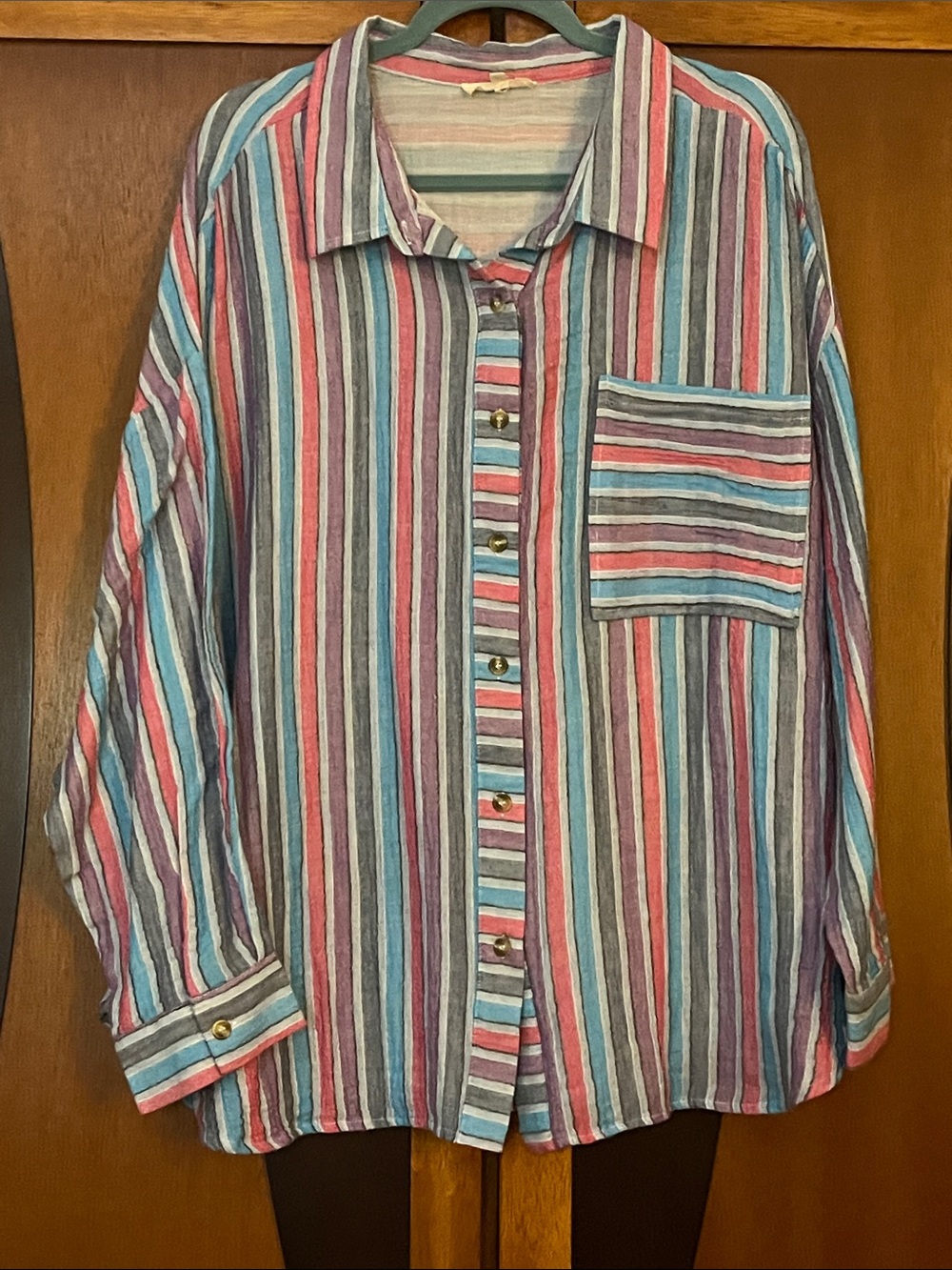 Easel 🦀Striped Casual Button-Down Shirt - Pink, Blue & Gray w/Long Cuffed Sleeve